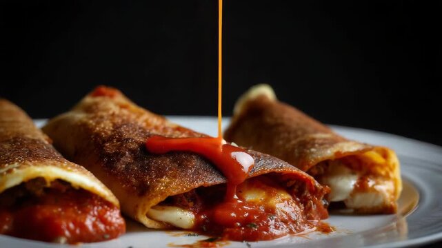 Delicious homemade manicotti with fresh tomato sauce being poured over it
