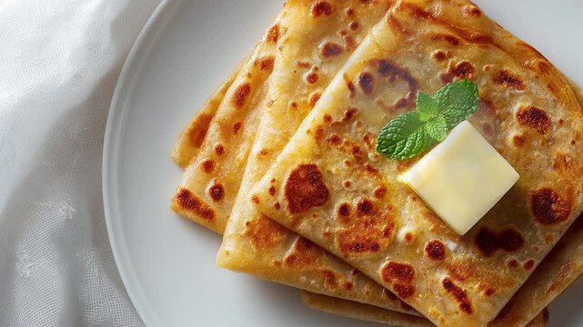 Stack of golden brown paratha bread served with a pat of butter and mint leaf