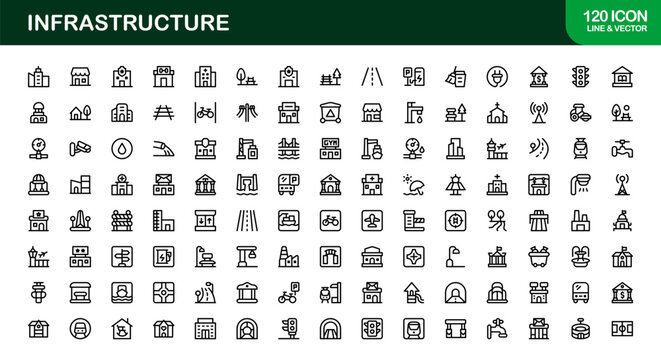 Modern Infrastructure Line Icon Set – Professional minimal vector symbols for urban planning, construction, and technology.