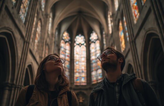 Young tourists admiring stained glass in Gothic cathedral nave - Powered by Adobe