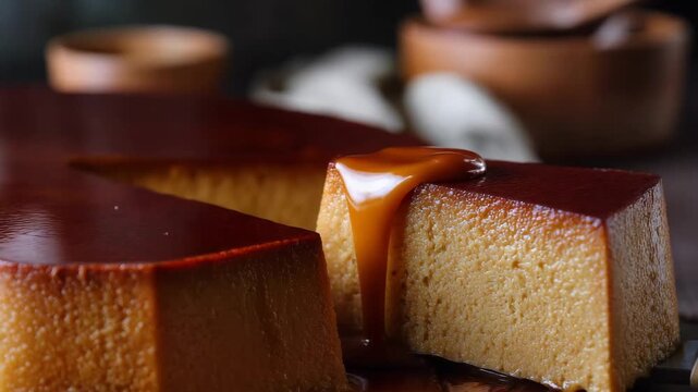 Delicious caramel sauce being poured over a slice of flan dessert