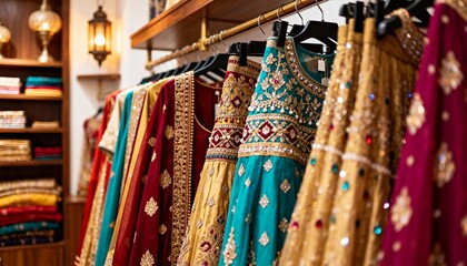 Close-up of ornate Indian garments on rack with rich textures and vibrant colors.