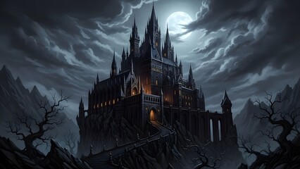 Dark Gothic Castle on Hilltop Under Full Moon at Night perfect for book cover, movie poster, game asset, Halloween decor, website background, blog post
