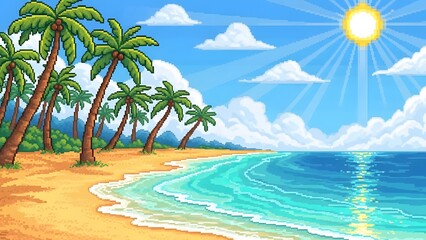 Pixel Art Tropical Beach with Palm Trees and Sunny Sky perfect for game background, website banner, vacation promotions, retro design, mobile app asset, social