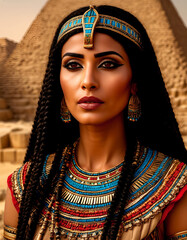 Egyptian woman against the backdrop of ptramis. Dressed in traditional clothing and jewelry, her gaze submissive