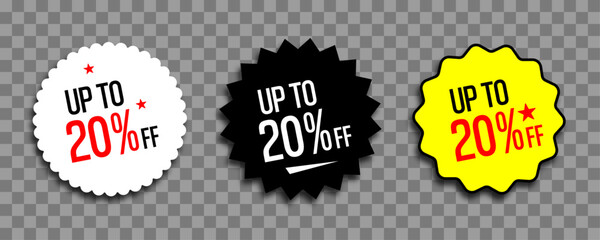 Discount badges with up to 20% off, perfect for sales and promotions. These colorful badges are ideal for highlighting special offers and attracting customers to your products or services