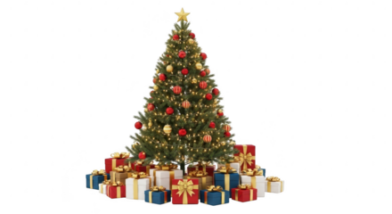Decorated christmas tree with gifts isolated on transparent background