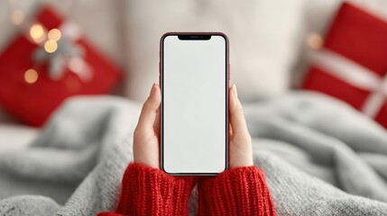 Cozy red smartphone held by hands blank phone screen knitted sweater sleeve holiday gifts in background neutral sofa bokeh