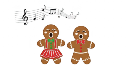 Two singing gingerbread people with music notes, isolated on transparent background