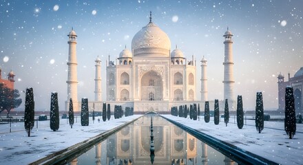 Naklejka premium White marble mausoleum with domes and minarets reflected in water, surrounded by snow and falling snowflakes under a blue sky, winter landscape
