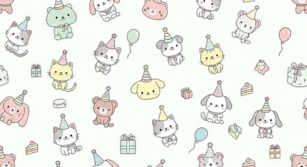 Cute cartoon animals celebrating with party hats and balloons  