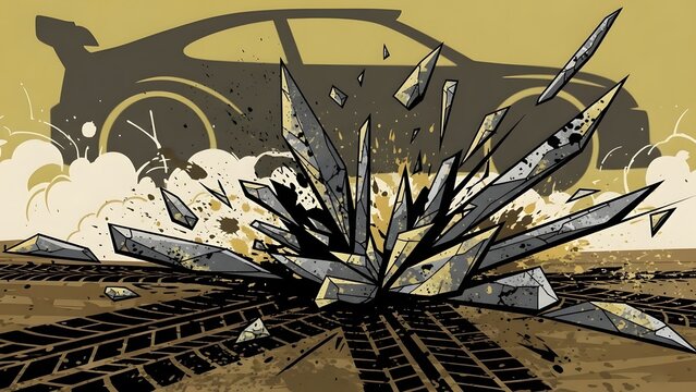 Dynamic Car Crash Impact Illustration with Shattered Debris perfect for Website banner, game asset, poster design, t-shirt print, social media post, blog
