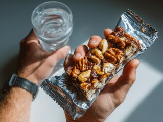Man holding a nut bar and glass of water in bright natural light  