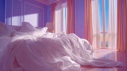 Warm sunlight filters through tall windows, casting gentle shadows on rumpled bedding. The calming pastel colors enhance the serene atmosphere of this stylish room, perfect for relaxation