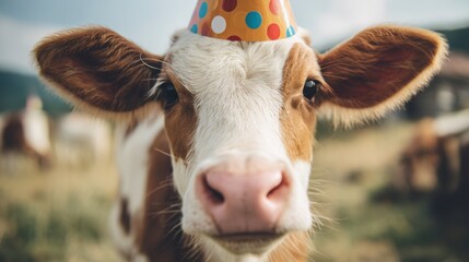 A cheerful cow with a polka dot party hat stands in a grassy field. It is a sunny day and other cows are seen grazing nearby creating a lively farm atmosphere.