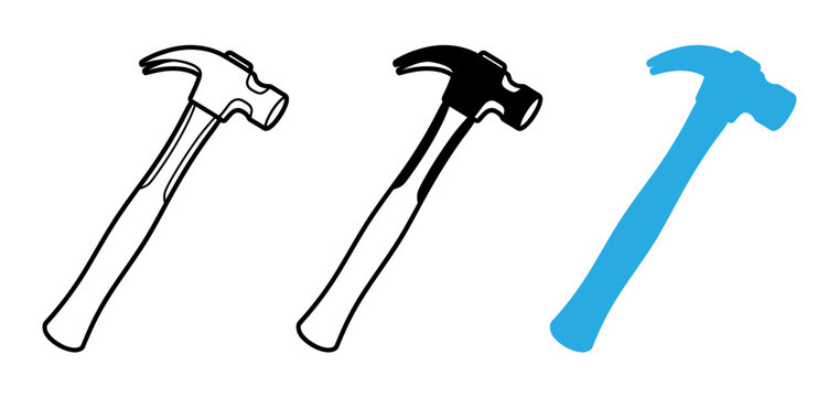 Three hammer illustrations outline silhouette and blue solid shape
