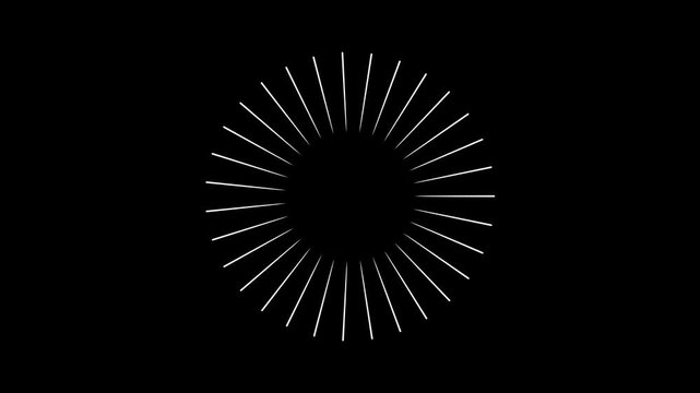 Shiny circle fireworks burst animation featuring glowing line explosions and geometric spark motions on deep black background, perfect for stylish celebration intros, dynamic and motion graphics.
