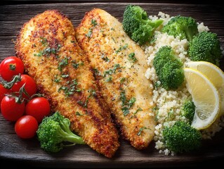 Grilled fish fillets served with broccoli, tomatoes, and lemon wedges  