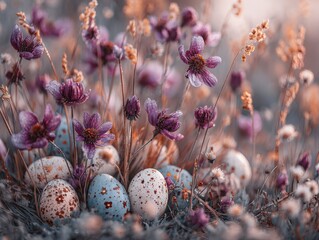 Colorful eggs nestled among blooming flowers in springtime meadow  