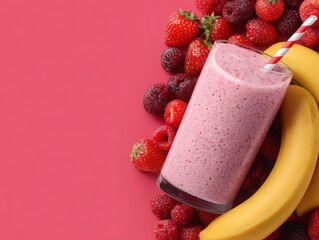 Fresh smoothie in glass with strawberries, raspberries, and banana  