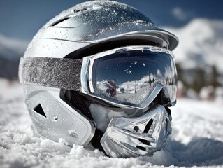 Ski helmet with goggles resting on snow-covered surface outdoors  