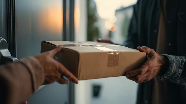 A courier delivers a parcel to a recipient at home, representing online shopping convenience and reliable logistics. The focus is on hands exchanging the box at the front door