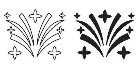 Vector illustration of stylized fireworks and stars in outline and solid black variations