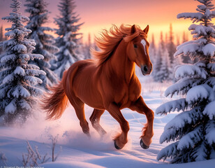 A galloping red horse, fluffy, airy, snow-covered trees covered with frost, spruce trees in the snow, sunset, radiance, close-up