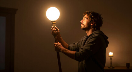 a man standing in a dimly lit room, holding a light bulb in his right hand. He is facing away from the camera, with his left arm extended upwards and his right arm bent at