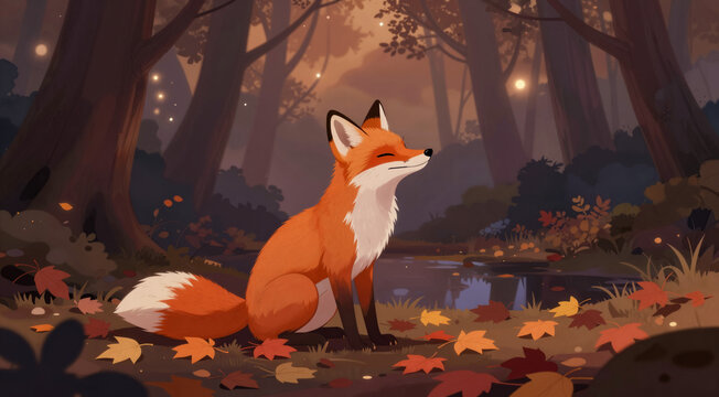  a digital illustration of a fox sitting on the ground in a forest. The fox is facing towards the right side of the image, with its head turned towards the left side