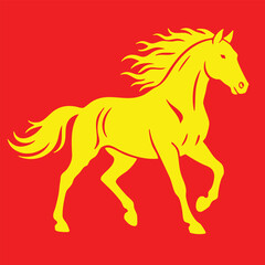 Bold Yellow Horse Silhouette with Flowing Mane on Red Background