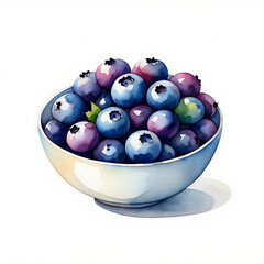 Watercolor illustration of a bowl of fresh, vibrant blueberries on a white background, highlighting their rich purple and blue colors and natural texture.