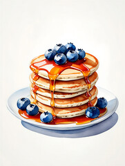Watercolor illustration of a stack of fluffy pancakes topped with fresh blueberries and dripping with golden maple syrup, served on a white plate, perfect for breakfast or dessert.