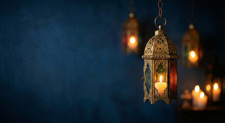 Obraz premium Glowing Islamic lantern decoration for holy month celebration.