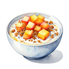 Watercolor illustration of a healthy breakfast bowl with yogurt or oatmeal, topped with diced mango, granola, and chia seeds. Fresh, nutritious morning meal.