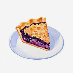 Watercolor illustration of a slice of blueberry pie with a crumble topping, served on a light blue plate. Traditional sweet dessert, baked food.
