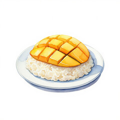 Watercolor illustration of Mango Sticky Rice (Khao Niao Ma Muang) on a white plate. Traditional Thai dessert with sliced mango and coconut sticky rice.