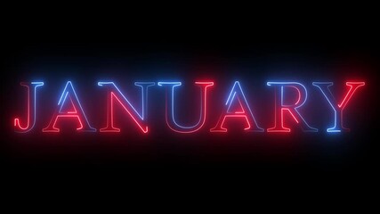 Neon January text animation on black background. January month neon line text concept .first month of year.