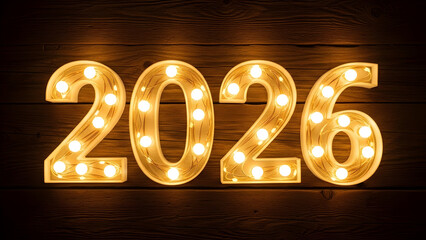 Illuminated 2026 numbers on rustic wood background for new year celebrations and future projections with warm lighting