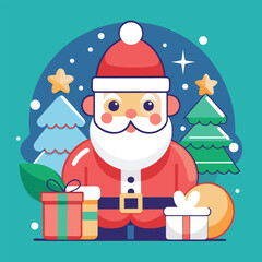 Charming cartoon illustration of santa claus with piles of gifts and decorated christmas trees under a beautiful starry winter night sky