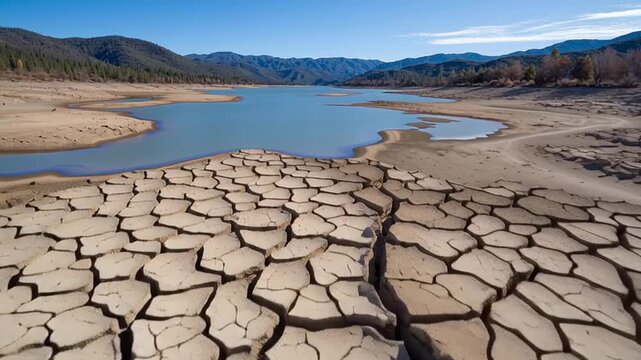 Arid landscape showing the parched, cracked ground of a receding lake bed. A stark depiction of water shortage and climate change