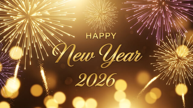 Golden fireworks display celebrating happy new year 2026 with festive bokeh lights and warm tones