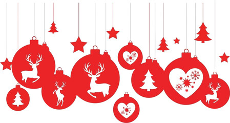 Red Christmas Ornaments with Deer, Heart and Tree for Winter Season Decorations with Hanging Stars Isolated on Transparent Background