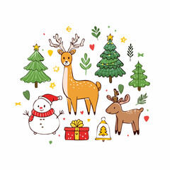 Fototapeta premium Set of Christmas illustrations, Collection of festive winter holiday icons including a goose, deer, and Christmas tree for greeting cards and festive design, vector