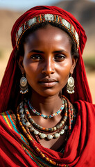 An Ethiopian woman in a natural setting, dressed in traditional clothing and jewelry, looks on with submission.