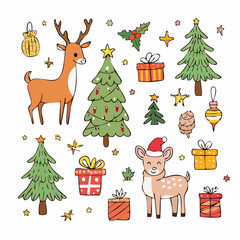 Fototapeta premium Set of Christmas illustrations, Collection of festive winter holiday icons including a goose, deer, and Christmas tree for greeting cards and festive design, vector