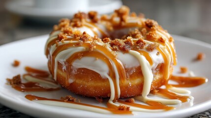 A tempting dessert sits on a white plate featuring a donut covered in creamy icing and drizzled with caramel. Crunchy bits add texture inviting you to taste this sweet treat at the cafe.