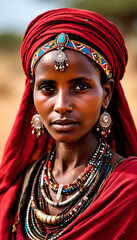 An Ethiopian woman in a natural setting, dressed in traditional clothing and jewelry, looks on with submission.