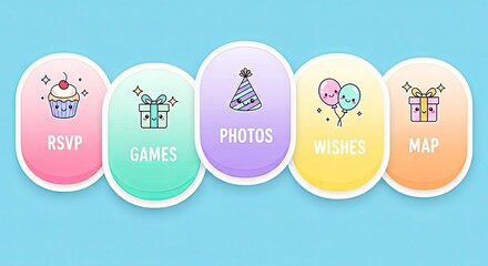 Colorful party planning icons for RSVP, games, photos, wishes, map  