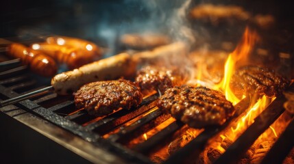 A lively summer barbecue is underway with delicious burgers and sausages grilling over an open flame. Friends and family enjoy the warm weather and tasty food in a backyard setting.